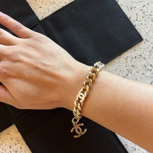 CHANEL Gold and Silver Chain Bracelet with Logo Charm